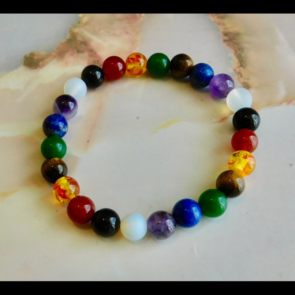 7 Chakra Rainbow Stone Crystal Bead Bracelet Mala Red Orange Purple Green Yellow